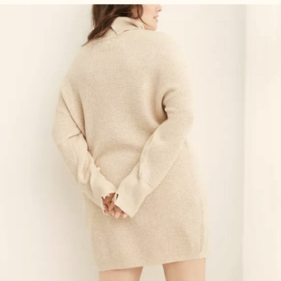 NWT Aerie Cozy Up Cowell Neck Waffle Mini Sweater Dress Heathered Oatmeal L - Picture 2 of 7